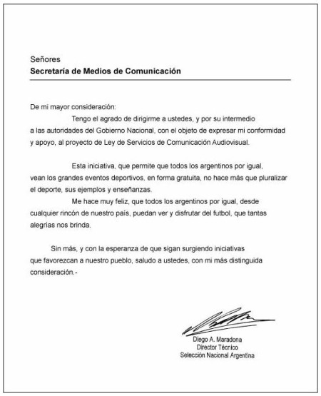 Carta de Maradona por la ley080509